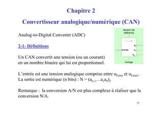 Chapitre 2
  Convertisseur analogique/numérique (CAN)

Analog-to-Digital Converter (ADC)

2-1- Définitions

Un CAN convertit une tension (ou un courant)
en un nombre binaire qui lui est proportionnel.

L’entrée est une tension analogique comprise entre uEmin et uEmax.
La sortie est numérique (n bits) : N = (an-1…a1a0)2

Remarque : la conversion A/N est plus complexe à réaliser que la
conversion N/A.
                                                                15
 