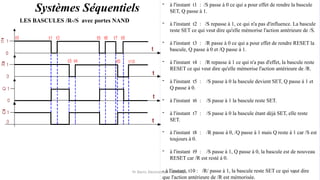 Pr. Barro, Electronique numérique 14
Systèmes Séquentiels
LES BASCULES /R-/S avec portes NAND
- à l'instant t1 : /S passe à 0 ce qui a pour effet de rendre la bascule
SET, Q passe à 1.
- à l'instant t2 : /S repasse à 1, ce qui n'a pas d'influence. La bascule
reste SET ce qui veut dire qu'elle mémorise l'action antérieure de /S.
- à l'instant t3 : /R passe à 0 ce qui a pour effet de rendre RESET la
bascule, Q passe à 0 et /Q passe à 1.
- à l'instant t4 : /R repasse à 1 ce qui n'a pas d'effet, la bascule reste
RESET ce qui veut dire qu'elle mémorise l'action antérieure de /R.
- à l'instant t5 : /S passe à 0 la bascule devient SET, Q passe à 1 et
Q passe à 0.
- à l'instant t6 : /S passe à 1 la bascule reste SET.
- à l'instant t7 : /S passe à 0 la bascule étant déjà SET, elle reste
SET.
- à l'instant t8 : /R passe à 0, /Q passe à 1 mais Q reste à 1 car /S est
toujours à 0.
- à l'instant t9 : /S passe à 1, Q passe à 0, la bascule est de nouveau
RESET car /R est resté à 0.
- à l'instant t10 : /R/ passe à 1, la bascule reste SET ce qui veut dire
que l'action antérieure de /R est mémorisée.
 