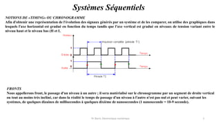Pr. Barro, Electronique numérique 3
Systèmes Séquentiels
NOTIONS DE «TIMING» OU CHRONOGRAMME
Afin d'obtenir une représentation de l'évolution des signaux générés par un système et de les comparer, on utilise des graphiques dans
lesquels l'axe horizontal est gradué en fonction du temps tandis que l'axe vertical est gradué en niveaux de tension variant entre le
niveau haut et le niveau bas (H et L).
FRONTS
Nous appellerons front, le passage d'un niveau à un autre ; il sera matérialisé sur le chronogramme par un segment de droite vertical
ou tout au moins très incliné, car dans la réalité le temps de passage d'un niveau à l'autre n'est pas nul et peut varier, suivant les
systèmes, de quelques dizaines de millisecondes à quelques dixième de nanosecondes (1 nanoseconde = 10-9 seconde).
 