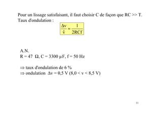 11
Pour un lissage satisfaisant, il faut choisir C de façon que RC >> T.
Taux d'ondulation :
A.N.
R = 47 Ω, C = 3300 µF, f = 50 Hz
⇒ taux d'ondulation de 6 %
⇒ ondulation ∆v = 0,5 V (8,0 < v < 8,5 V)
RCf2
1
vˆ
v
≈
∆
 