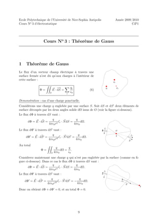 Ecole Polytechnique de l’Université de Nice-Sophia Antipolis                 Année 2009/2010
Cours No 3 d’électrostatique                                                            CiP1




                      Cours No 3 : Théorème de Gauss



1    Théorème de Gauss
Le ﬂux d’un vecteur champ électrique à travers une
surface fermée n’est dû qu’aux charges à l’intérieur de
cette surface :
                                                                            q3

                                  −
                                  →          qi                        q1        q2
                Φ=            E · dS =                      (6)
                          S              i
                                             ǫ0

Demonstration : cas d’une charge ponctuelle.
Considérons une charge q englobée par une surface S. Soit dS et dS ′ deux éléments de
surface découpés par les deux angles solide dΩ issus de O (voir la ﬁgure ci-dessous).
Le ﬂux dΦ à travers dS vaut :
                            q                q
      dΦ = E · dS =               e · NdS =
                                 2 r
                                                 dΩ.
                          4πǫ0 r            4πǫ0
                                                                  er
Le ﬂux dΦ′ à travers dS ′ vaut :                                                 O
                                                                  N
                           q                      q                              q                 e r’
     dΦ′ = E · dS ′ =             e · N ′ dS ′ =
                                ′2 r
                                                      dΩ.
                         4πǫ0 r                  4πǫ0                                             N’

Au total
                                q       q
                 Φ=                 dΩ = .
                           S   4πǫ0     ǫ0
Considerez maintenant une charge q qui n’est pas englobée par la surface (comme en ﬁ-
gure ci-dessous). Dans ce cas le ﬂux dΦ à travers dS vaut :
                         q                q
       dΦ = E · dS =          e · NdS =
                             2 r
                                             dΩ.
                      4πǫ0 r            4πǫ0
                                                                  er
Le ﬂux dΦ′ à travers dS ′ vaut :
                                                                  N
       ′                  q                 ′     q
    dΦ = E ·   dS ′   =          2 er · N dS = −
                                         ′            dΩ.                             e r’
                        4πǫ0 r ′                 4πǫ0                                        N’
                                                                                                          q
Donc on obtient dΦ + dΦ′ = 0, et au total Φ = 0.




                                                  9
 