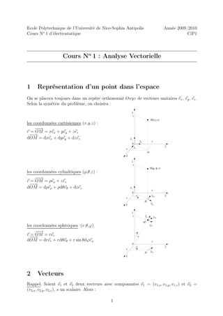 Ecole Polytechnique de l’Université de Nice-Sophia Antipolis                                     Année 2009/2010
Cours No 1 d’électrostatique                                                                                CiP1




                   Cours No 1 : Analyse Vectorielle



1    Représentation d’un point dans l’espace
On se placera toujours dans un repère orthonormé Oxyz de vecteurs unitaires ex , ey , ez .
Selon la symétrie du problème, on choisira :
                                                         z
                                                          z
                                                                                    M(x,y,z)
les coordonnées cartésiennes (x,y,z) :
     −→
      −
r = OM = xex + yey + zez
  −→
   −
dOM = dxex + dyey + dzez                                ez
                                                                      ey             y
                                                         0
                                                             ex                                  y
                                                    x
                                                                                H
                                                    x

                                                         z
                                                          z
                                                                                    M(ρ, θ, z)
les coordonnées cylindriques (ρ,θ,z) :
     −→
      −
r = OM = ρeρ + zez
  −→
   −
dOM = dρeρ + ρdθeθ + dzez                               ez
                                                                                     y
                                                         0
                                                                                     eθ          y
                                                    x             θ
                                                                           H
                                                                                     eρ
                                                    x

                                                         z
                                                          z                    er         eϕ
                                                                           M
les coordonnées sphériques :(r,θ,ϕ)                                                 eθ

     −→
      −                                                           θ
r = OM = rer
  −→
   −
dOM = drer + rdθeθ + r sin θdϕeϕ                                                     y
                                                         0
                                                                                                 y
                                                    x             ϕ
                                                                           H        eϕ
                                                    x




2    Vecteurs
Rappel. Soient v1 et v2 deux vecteurs avec composantes v1 = (v1,x , v1,y , v1,z ) et v2 =
(v2,x , v2,y , v2,z ), s un scalaire. Alors :

                                            1
 