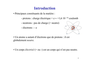 2
Introduction
• Principaux constituants de la matière :
- protons : charge électrique + e ≈ +1,6 10 -19 coulomb
- neutrons : pas de charge (= neutre)
- électrons : - e
• Un atome a autant d’électrons que de protons : il est
globalement neutre.
• Un corps électrisé (+ ou -) est un corps qui n’est pas neutre.
 