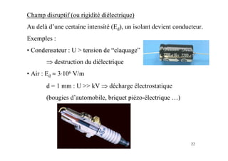 22
Champ disruptif (ou rigidité diélectrique)
Au delà d’une certaine intensité (Ed), un isolant devient conducteur.
Exemples :
• Condensateur : U > tension de “claquage”
⇒ destruction du diélectrique
• Air : Ed ≈ 3⋅106 V/m
d = 1 mm : U >> kV ⇒ décharge électrostatique
(bougies d’automobile, briquet piézo-électrique …)
 