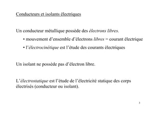 3
Conducteurs et isolants électriques
Un conducteur métallique possède des électrons libres.
• mouvement d’ensemble d’électrons libres = courant électrique
• l’électrocinétique est l’étude des courants électriques
Un isolant ne possède pas d’électron libre.
L’électrostatique est l’étude de l’électricité statique des corps
électrisés (conducteur ou isolant).
 