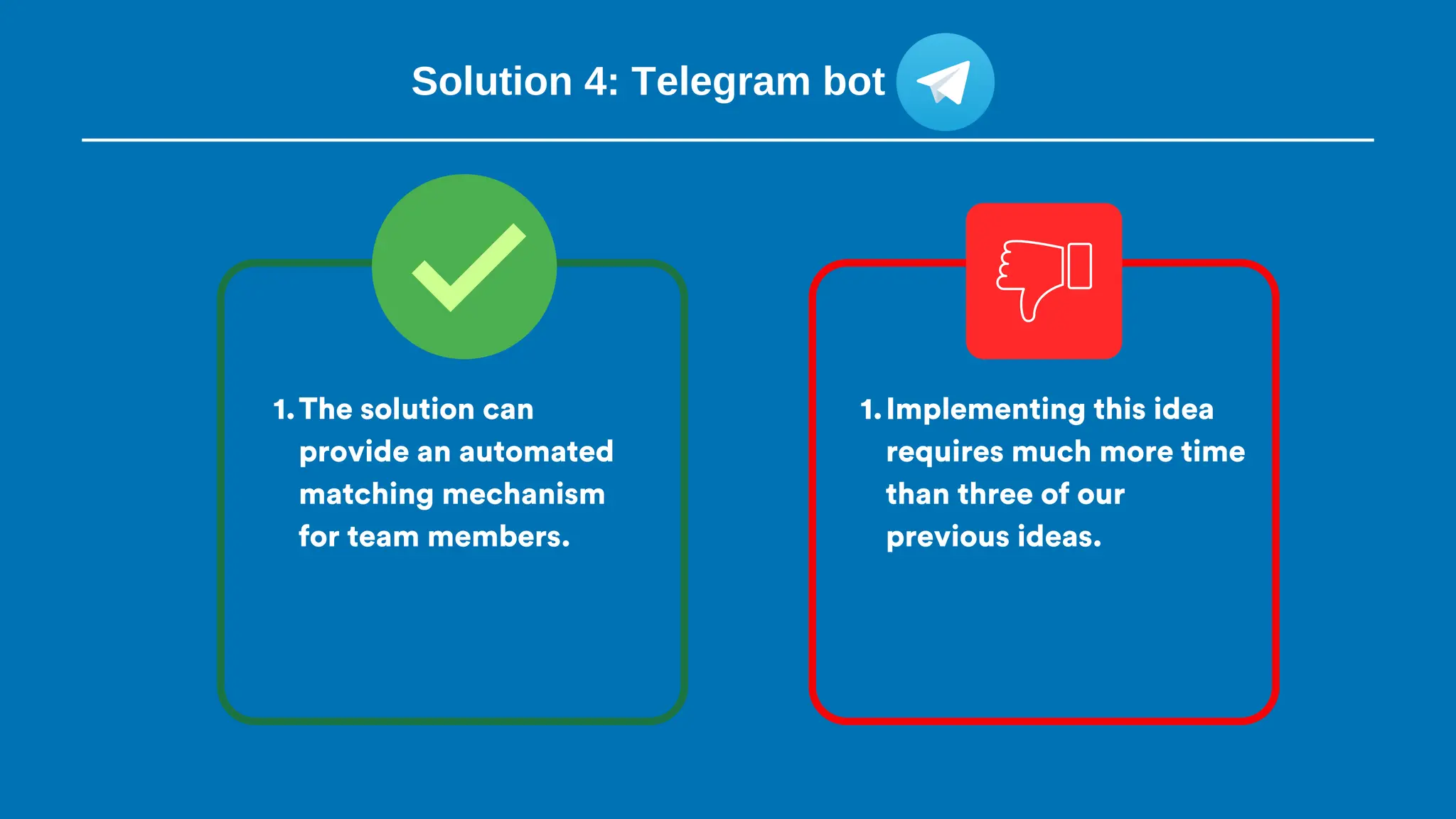 Solution 4: Telegram bot
The solution can
provide an automated
matching mechanism
for team members.
1. Implementing this idea
requires much more time
than three of our
previous ideas.
1.
 