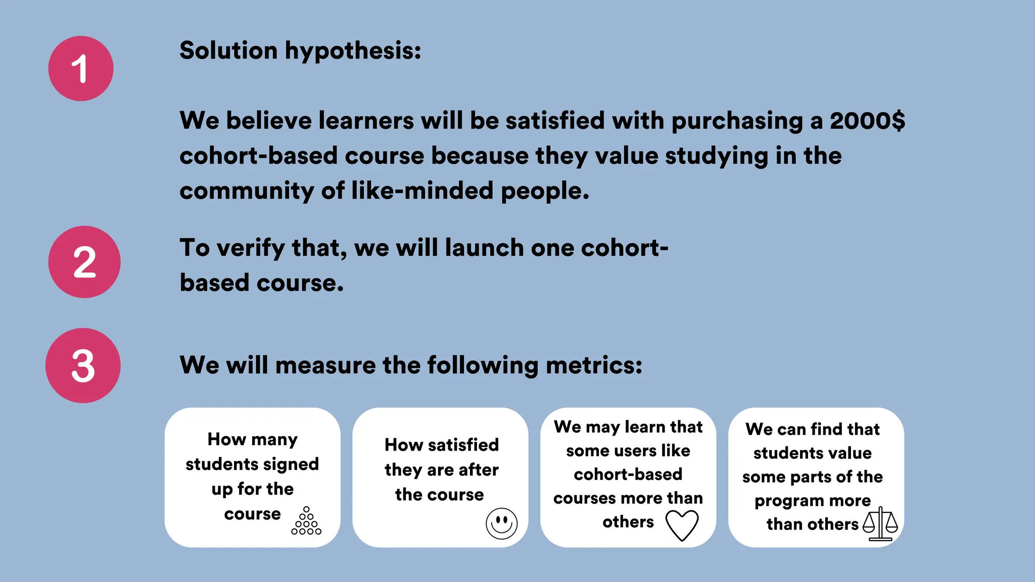 Solution hypothesis:
We believe learners will be satisfied with purchasing a 2000$
cohort-based course because they value studying in the
community of like-minded people.
To verify that, we will launch one cohort-
based course.
We will measure the following metrics:
How many
students signed
up for the
course
How satisfied
they are after
the course
We may learn that
some users like
cohort-based
courses more than
others
We can find that
students value
some parts of the
program more
than others
 