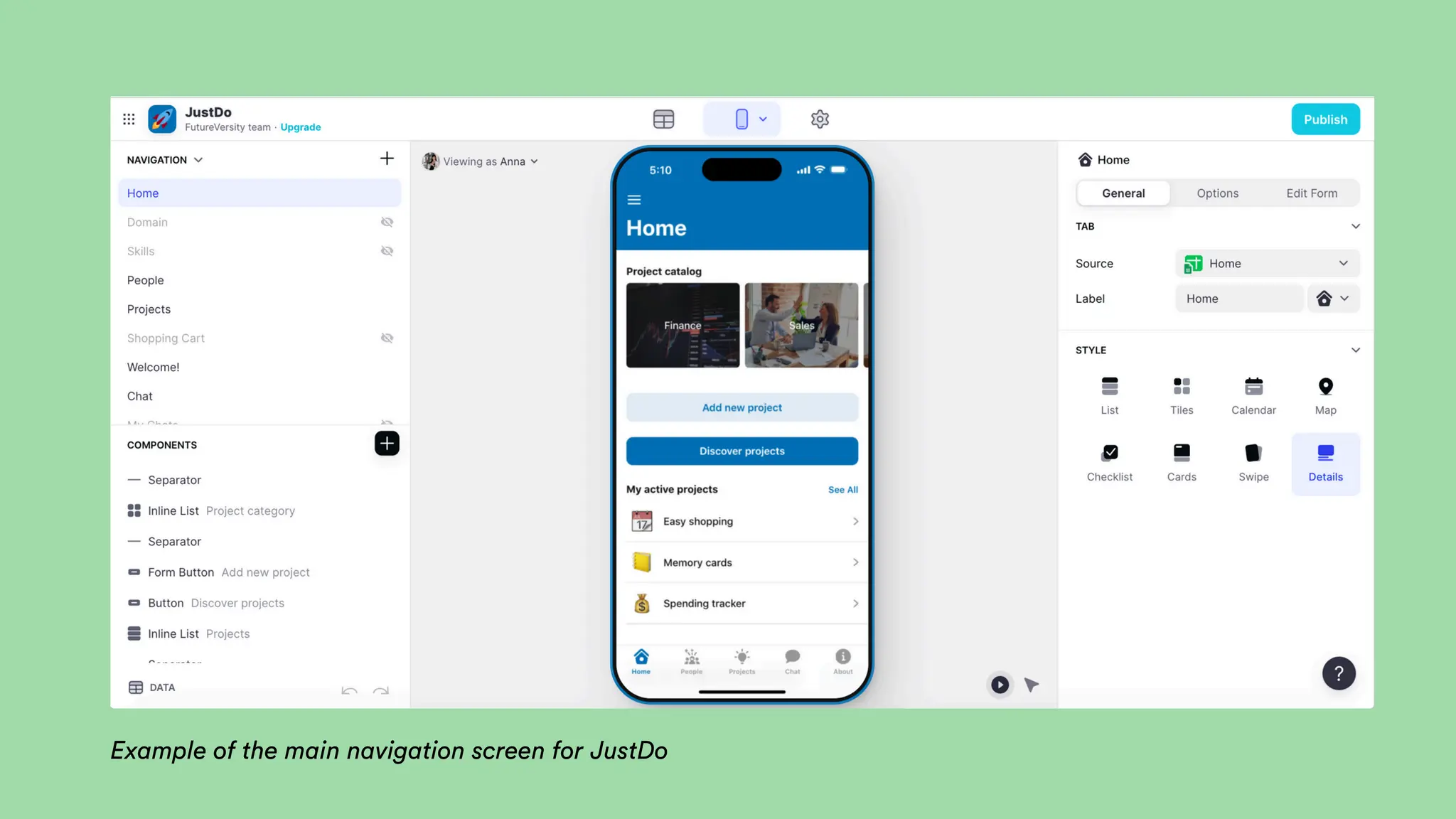 Example of the main navigation screen for JustDo
 