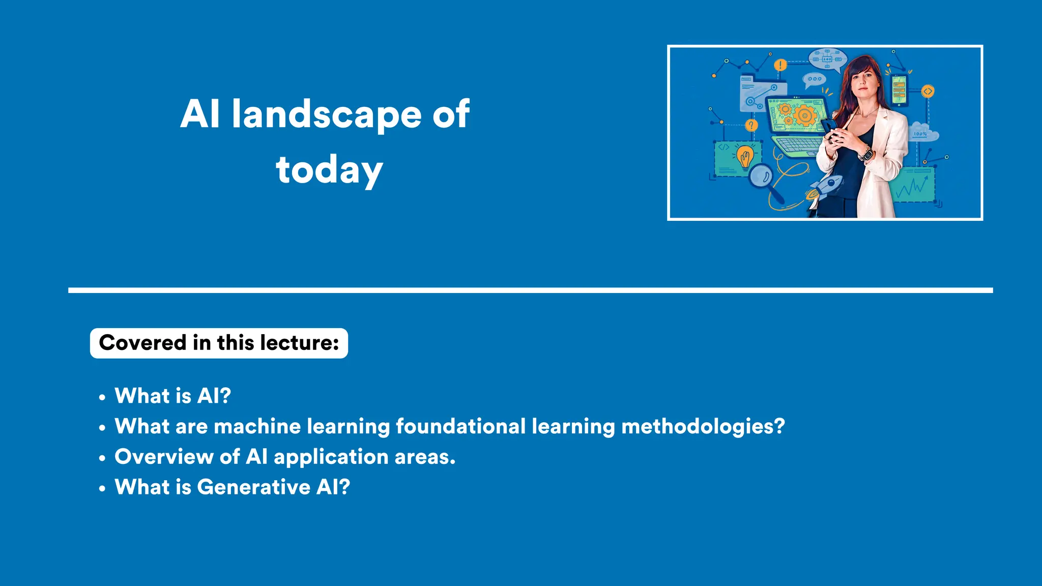 AI landscape of
today
What is AI?
What are machine learning foundational learning methodologies?
Overview of AI application areas.
What is Generative AI?
Covered in this lecture:
 