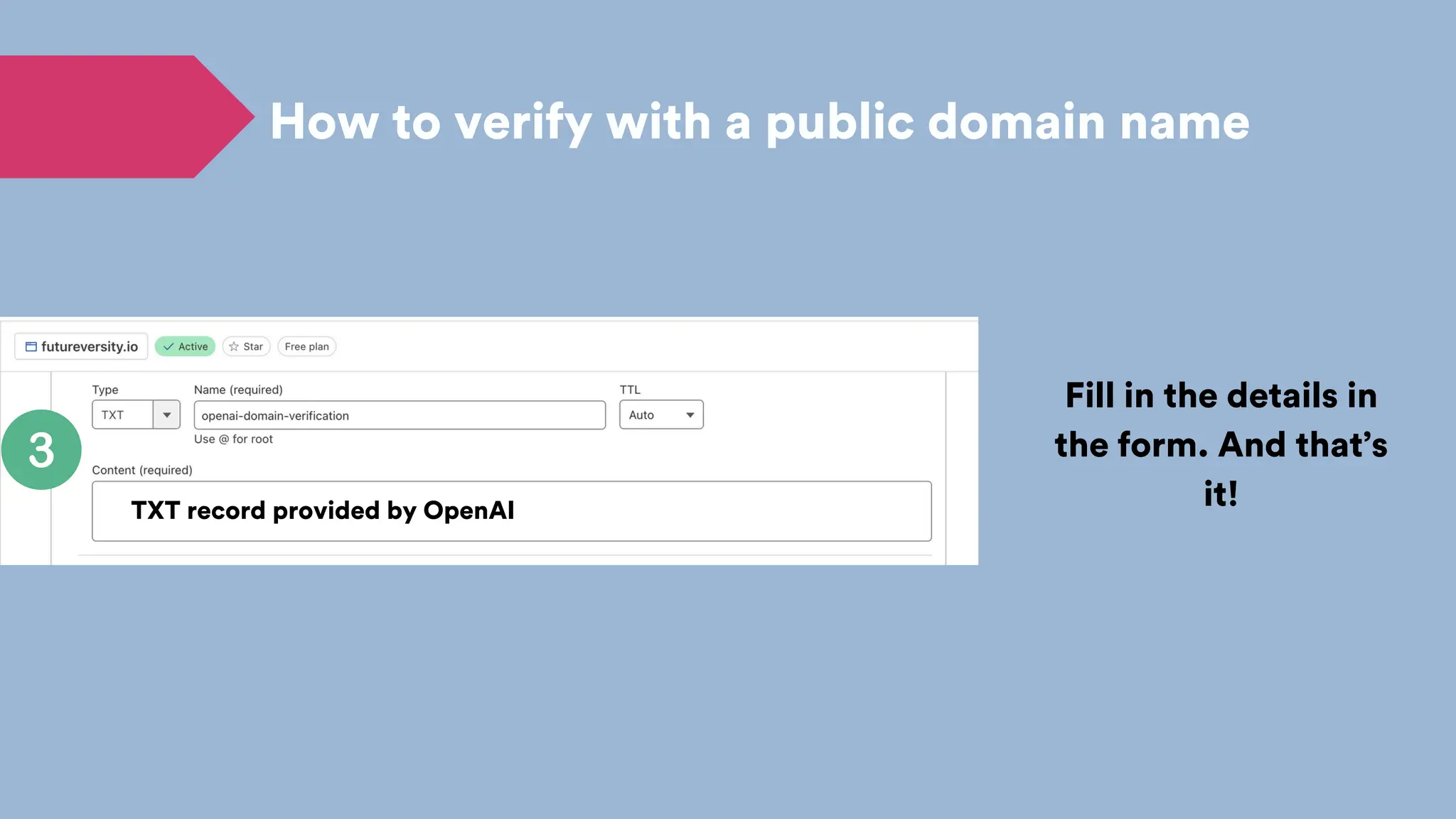 How to verify with a public domain name
Fill in the details in
the form. And that’s
it!
TXT record provided by OpenAI
 