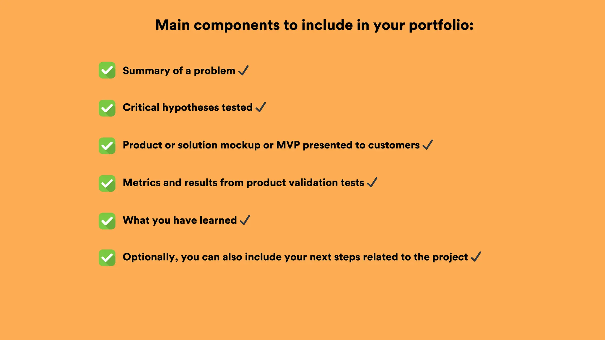 Main components to include in your portfolio:
Summary of a problem ✔
Critical hypotheses tested ✔
Product or solution mockup or MVP presented to customers ✔
Metrics and results from product validation tests ✔
What you have learned ✔
Optionally, you can also include your next steps related to the project ✔
 