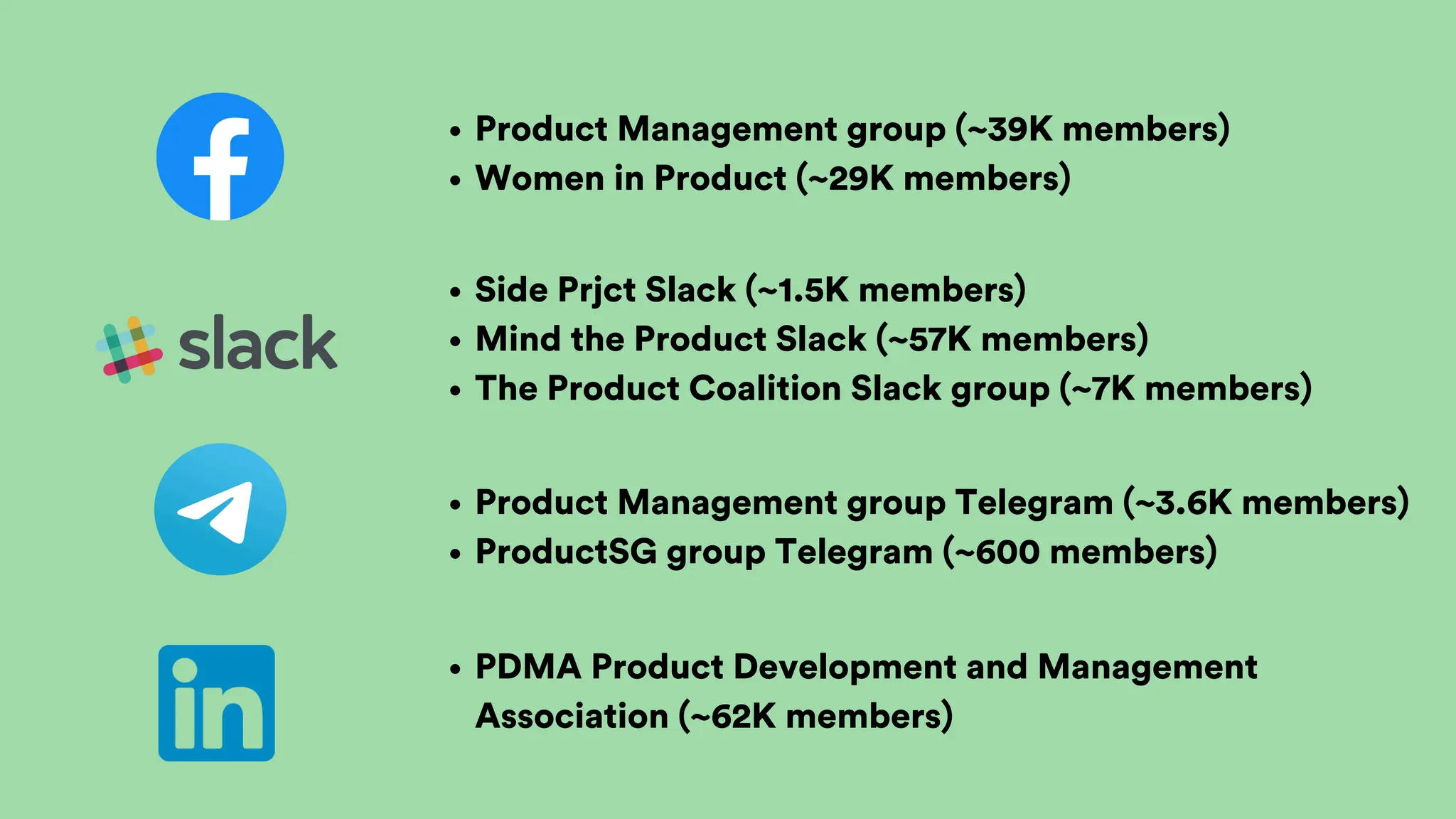 Product Management group (~39K members)
Women in Product (~29K members)
Side Prjct Slack (~1.5K members)
Mind the Product Slack (~57K members)
The Product Coalition Slack group (~7K members)
Product Management group Telegram (~3.6K members)
ProductSG group Telegram (~600 members)
PDMA Product Development and Management
Association (~62K members)
 