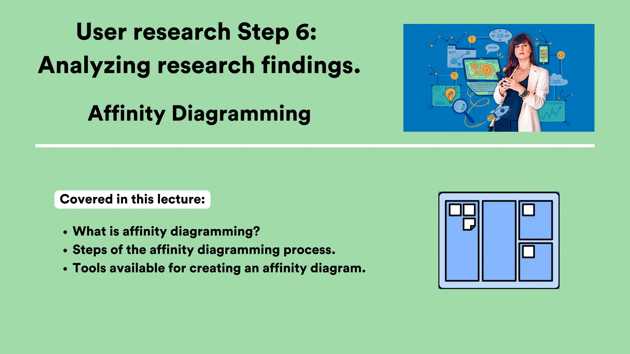 User research Step 6:
Analyzing research findings.
What is affinity diagramming?
Steps of the affinity diagramming process.
Tools available for creating an affinity diagram.
Covered in this lecture:
Affinity Diagramming
 