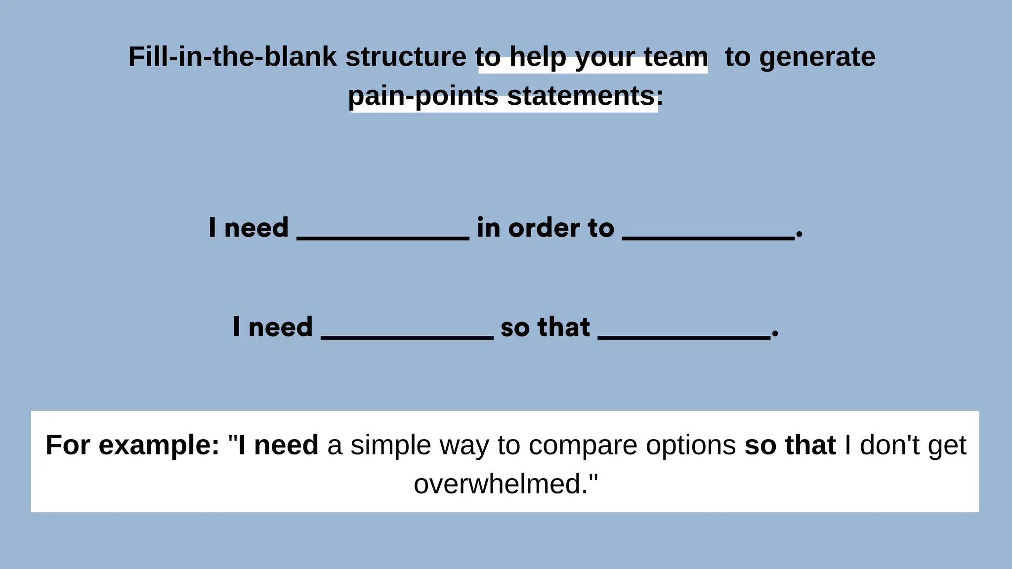 Fill-in-the-blank structure to help your team to generate
pain-points statements:
I need ____________ in order to ____________.
I need ____________ so that ____________.
For example: "I need a simple way to compare options so that I don't get
overwhelmed."
 