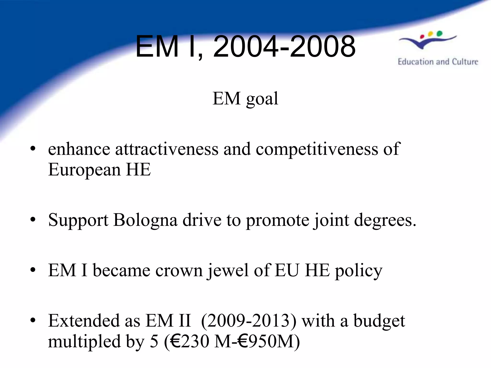 EM I, 2004-2008
                       EM goal

• enhance attractiveness and competitiveness of
  European HE

• Support Bologna drive to promote joint degrees.

• EM I became crown jewel of EU HE policy

• Extended as EM II (2009-2013) with a budget
  multipled by 5 (€230 M-€950M)
 
