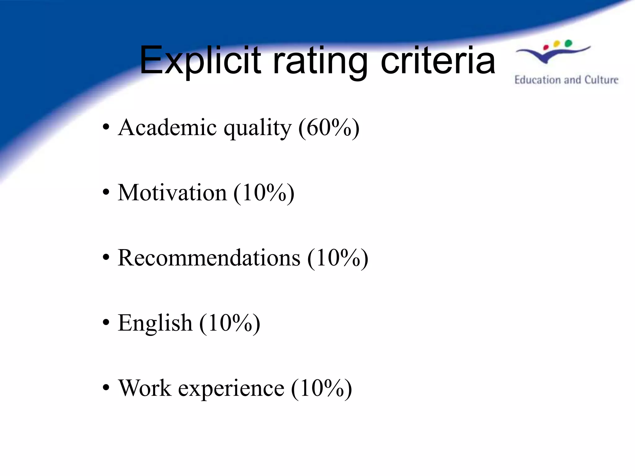Explicit rating criteria
• Academic quality (60%)

• Motivation (10%)

• Recommendations (10%)

• English (10%)

• Work experience (10%)
 