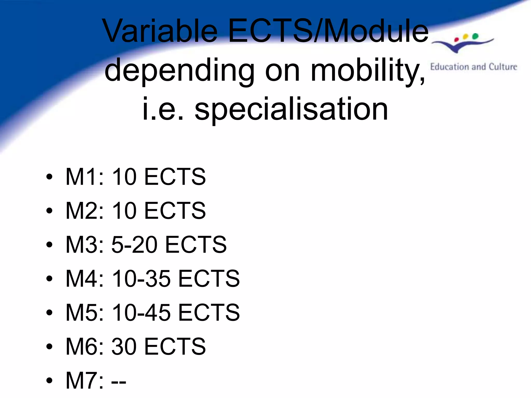Variable ECTS/Module
      depending on mobility,
        i.e. specialisation

•   M1: 10 ECTS
•   M2: 10 ECTS
•   M3: 5-20 ECTS
•   M4: 10-35 ECTS
•   M5: 10-45 ECTS
•   M6: 30 ECTS
•   M7: --
 