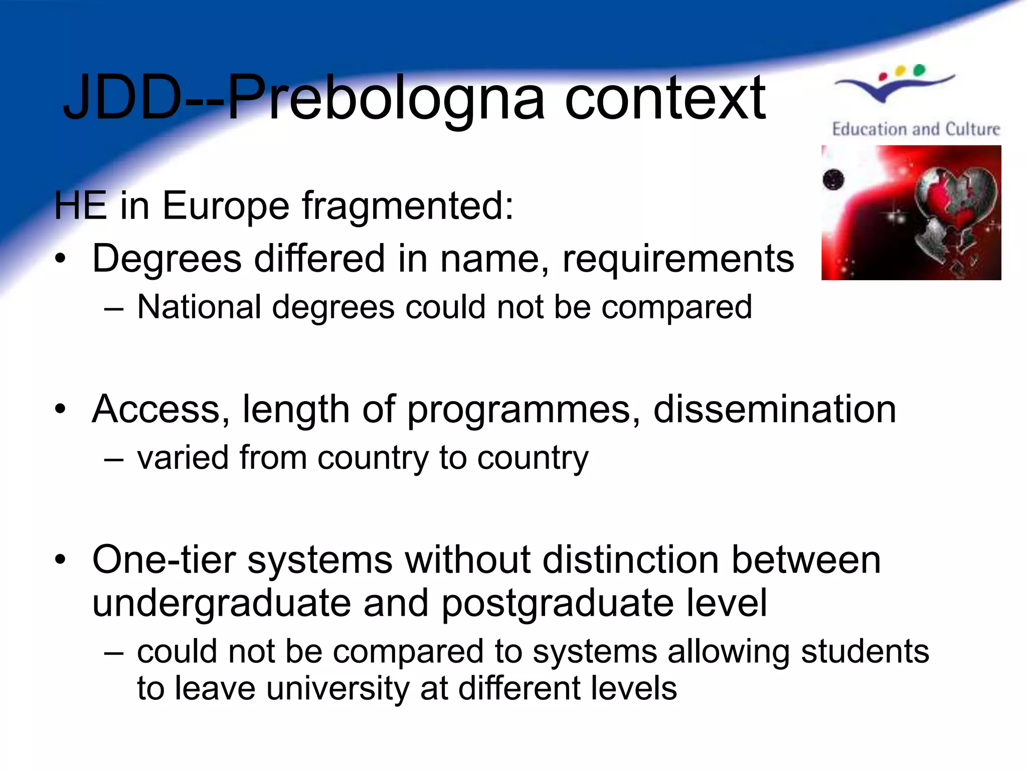 JDD--Prebologna context
HE in Europe fragmented:
• Degrees differed in name, requirements
  – National degrees could not be compared


• Access, length of programmes, dissemination
  – varied from country to country


• One-tier systems without distinction between
  undergraduate and postgraduate level
  – could not be compared to systems allowing students
    to leave university at different levels
 