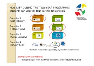 6

MOBILITY DURING THE TWO-YEAR PROGRAMME:
Students can visit the four partner Universities

                         UGR                         UJM
Semester 1
(Sept-February)

Semester 2               UGR                         UJM

(February-July)

Semester 3               UEF                         GUC

(August-January)                                             or

Semester 4
(January-Sept)

                    The Master Thesis can be supervised by any one of the four Universities



        Example with two mobilities
        => multiple degree from the three universities where students studied.
 