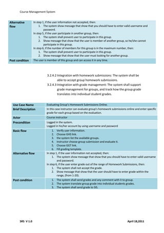 Course Management System


Alternative        In step 1, if the user information not accepted, then:
flow                    1. The system show message that show that you should have to enter valid username and
                            password.
                   In step 5, if the user participate in another group, then:
                        1. The system shall prevent user to participate in this group.
                        2. Show message that show that the user is member of another group, so he/she cannot
                            participate in this group.
                   In step 6, if the number of members for this group is in the maximum number, then:
                        1. The system shall prevent user to participate in this group.
                        2. Show message that show that the user must looking for another group.
Post condition     The user is member of this group and can access it in any time.




                              3.2.4.2 Integration with homework submissions: The system shall be
                                      able to accept group homework submissions.
                              3.2.4.3 Integration with grade management: The system shall support
                                      grade management for groups, and track how the group grade
                                      translates into individual student grades.


  Use Case Name               Evaluating Group’s Homework Submissions Online.
  Brief Description           In this case instructor can evaluate group’s homework submissions online and enter specific
                              grade for each group based on the evaluation.
  Actor                       Course instructor
  Precondition                Logged in the system.
                              Logged in his/her account by using username and password
  Basic flow                       1. Verify user information.
                                   2. Choose GHS link.
                                   3. the system list the available groups.
                                   4. Instructor choose group submission and evaluate it.
                                   5. Choose GGT link.
                                   6. Fill grading template.
  Alternative flow            In step 1, if the user information not accepted, then:
                                   1. The system show message that show that you should have to enter valid username
                                       and password.
                              In step 6, if the user enter grade out of the range of Homework Submissions, then:
                                   1. The system shall not accept the grade.
                                   2. Show message that show that the user should have to enter grade within the
                                       range, (from 1-20).
  Post condition                   1. The system shall send grades and any comment with it to group.
                                   2. The system translate group grade into individual students grades.
                                   3. The system shall send grade to SIS.




       SRS V 1.0                                                                                 April 18,2011
 