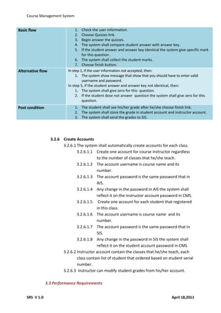 Course Management System


Basic flow                      1.   Check the user information.
                                2.   Choose Quizzes link.
                                3.   Begin answer the quizzes.
                                4.   The system shall compare student answer with answer key.
                                5.   If the student answer and answer key identical the system give specific mark
                                     for this question .
                                 6. The system shall collect the student marks.
                                 7. Choose finish button.
Alternative flow            In step 1, if the user information not accepted, then:
                                 1. The system show message that show that you should have to enter valid
                                     username and password.
                            In step 5, if the student answer and answer key not identical, then:
                                 1. The system shall give zero for this question.
                                 2. If the student dose not answer question the system shall give zero for this
                                     question.
Post condition                  1. The student shall see his/her grade after he/she choose finish link.
                                2. The system shall store the grade in student account and instructor account.
                                3. The system shall send the grades to SIS.




                   3.2.6 Create Accounts
                         3.2.6.1 The system shall automatically create accounts for each class.
                                 3.2.6.1.1 Create one account for course instructor regardless
                                            to the number of classes that he/she teach.
                                 3.2.6.1.2 The account username is course name and its
                                            number.
                                 3.2.6.1.3 The account password is the same password that in
                                            AIS.
                                 3.2.6.1.4 Any change in the password in AIS the system shall
                                            reflect it on the instructor account password in CMS.
                                 3.2.6.1.5 Create one account for each student that registered
                                            in this class.
                                 3.2.6.1.6 The account username is course name and its
                                            number.
                                 3.2.6.1.7 The account password is the same password that in
                                            SIS.
                                 3.2.6.1.8 Any change in the password in SIS the system shall
                                            reflect it on the student account password in CMS.
                         3.2.6.2 Instructor account contain the classes that he/she teach, each
                                 class contain list of student that ordered based on student serial
                                 number.
                         3.2.6.3 Instructor can modify student grades from his/her account.

                 3.3 Performance Requirements


    SRS V 1.0                                                                             April 18,2011
 