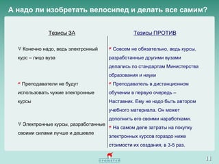 А надо ли изобретать велосипед и делать все самим? Тезисы   ЗА Тезисы   ПРОТИВ   Конечно надо, ведь электронный курс – лицо вуза     Преподаватели не будут использовать чужие электронные курсы   Электронные курсы, разработанные своими силами лучше и дешевле   Совсем не обязательно, ведь курсы, разработанные другими вузами делались по стандартам Министерства образования и науки Преподаватель в дистанционном   обучении в первую очередь – Наставник. Ему не надо быть автором учебного материала. Он может дополнить его своими наработками. На самом деле затраты на покупку электронных курсов гораздо ниже стоимости их создания, в 3-5 раз. 