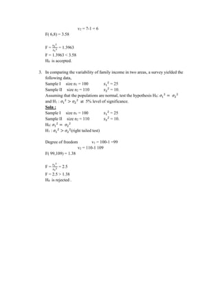 v2 = 7-1 = 6
F( 6,8) = 3.58
F =
𝑠2
2
𝑠1
2 = 1.3963
F = 1.3963 < 3.58
H0 is accepted.
3. In comparing the variability of family income in two areas, a survey yielded the
following data,
Sample I size n1 = 100 𝑠1
2
= 25
Sample II size n2 = 110 𝑠2
2
= 10.
Assuming that the populations are normal, test the hypothesis H0: 𝜎1
2
= 𝜎2
2
and H1 : 𝜎1
2
> 𝜎2
2
at 5% level of significance.
Soln :
Sample I size n1 = 100 𝑠1
2
= 25
Sample II size n2 = 110 𝑠2
2
= 10.
H0: 𝜎1
2
= 𝜎2
2
H1 : 𝜎1
2
> 𝜎2
2
(right tailed test)
Degree of freedom v1 = 100-1 =99
v2 = 110-1 109
F( 99,109) = 1.38
F =
𝑠1
2
𝑠2
2
= 2.5
F = 2.5 > 1.38
H0 is rejected .
 