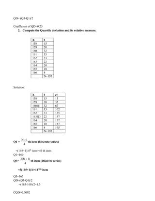 QD= (Q3-Q1)/2
Coefficient of QD=0.25
2. Compute the Quartile deviation and its relative measure.
Solution:
Q1 =
N 1
4
+
th item (Discrete series)
=(195+1)/4th
item=49 th item
Q1=160
Q3=
3(N 1)
4
+
th item (Discrete series)
=3(195+1)/4=147th item
Q3=163
QD=(Q3-Q1)/2
=(163-160)/2=1.5
CQD=0.0092
X f
158 15
159 20
160 32
161 35
162 33
163 22
164 20
165 10
166 8
N=195
X f cf
158 15 15
159 20 35
160Q1 32 67
161 35 102
162 33 135
163Q3 22 157
164 20 177
165 10 187
166 8 195
N=195
 