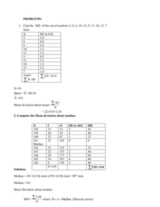 PROBLEMS:
1. Find the MD of the set of numbers 3, 8, 6, 10, 12, 9, 11, 10, 12, 7
Soln:
X |D|=|x-8.8|
3 5.8
8 0.8
6 2.8
10 1.2
12 3.2
9 0.2
11 2.2
10 1.2
12 3.2
7 1.8
Total=
X
 =88
| D|
 =22.4
N=10
Mean = X =88/10
X =8.8
Mean deviation about mean=
| D |
N

= 22.4/10=2.24
2. Compute the Mean deviation about median.
Solution:
Median = (N+1)/2 th item=(195+1)/2th item= 98th
item
Median =161
Mean Deviation about median:
f D
MD
N
=
 where D x Median
= − (Discrete series)
X f cf |D|=|x-161| f|D|
158 15 15 3 45
159 20 35 2 40
160 32 67 1 32
161
Median
35 102 0 0
162 33 135 1 33
163 22 157 2 44
164 20 177 3 60
165 10 187 4 40
166 8 195 5 40
N=195 f D =334
 