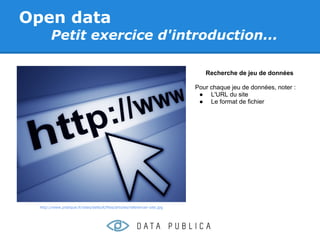 Open data
        Petit exercice d'introduction...

                                                                               Recherche de jeu de données

                                                                            Pour chaque jeu de données, noter :
                                                                             ● L'URL du site
                                                                             ● Le format de fichier




  http://www.pratique.fr/sites/default/files/articles/referencer-site.jpg
 