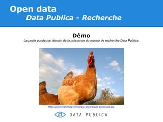 Open data
   Data Publica - Recherche

                                     Démo
  La poule pondeuse, témoin de la puissance du moteur de recherche Data Publica.




                  http://www.zanimag.fr/files/2011/03/poule-pondeuse.jpg
 