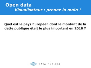 Open data
     Visualisateur : prenez la main !


Quel est le pays Européen dont le montant de la
dette publique était le plus important en 2010 ?
 