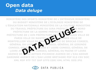 Open data
      Data deluge

MINISTÈRE DES SPORTS MINISTÈRE DE L'INTÉRIEUR MINISTÈRE
     DU BUDGET MINISTÈRE DE L'ECOLOGIE MINISTÈRE DE
L'ÉDUCATION NATIONALE MINISTÈRE DE LA CULTURE MINISTÈRE
    DU TRAVAIL PRÉFECTURE DU JURA PRÉFECTURE DU NORD


                                        G E
     PRÉFECTURE DE LA SOMME PRÉFECTURE DE LA MARNE

                                 U
 PRÉFECTURE DE L'AIN PRÉFECTURE DU PAS DE CALAIS VILLE DE

                                L
                        D     E
      PARIS VILLE DE NANTES VILLE DE RENNES VILLE DE
  MONTPELLIER VILLE DE TOULOUSE VILLE DE BROCAS CONSEIL


                 T    A
   GÉNÉRAL DU LOIR ET CHER CONSEIL GÉNÉRAL DE GIRONDE
  CONSEIL GÉNÉRAL DE SAÔNE ET LOIRE CONSEIL GÉNÉRAL DE

            D  A
   LOIRE ATLANTIQUE CONSEIL GÉNÉRAL DU MAINE ET LOIRE
  AGENCE DE L'EAU ARTOIS PICARDIE AGENCE DE L'EAU ADOUR
 GARONNE AGENCE DE L'EAU LOIRE BRETAGNE PDF XLS CSV DOC
      XML RDF RTF TXT SHP GTFS ESRI KML HTML ODS JPG
 