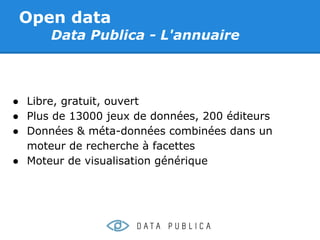 Open data
      Data Publica - L'annuaire



● Libre, gratuit, ouvert
● Plus de 13000 jeux de données, 200 éditeurs
● Données & méta-données combinées dans un
  moteur de recherche à facettes
● Moteur de visualisation générique
 