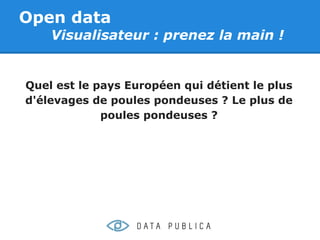 Open data
    Visualisateur : prenez la main !


Quel est le pays Européen qui détient le plus
d'élevages de poules pondeuses ? Le plus de
             poules pondeuses ?
 