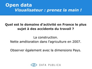 Open data
     Visualisateur : prenez la main !


Quel est le domaine d'activité en France le plus
       sujet à des accidents du travail ?

                 La construction.
   Nette amélioration dans l'agriculture en 2007.

   Observer également avec la dimensions Pays.
 