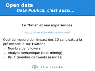 Open data
        Data Publica, c'est aussi...


           Le "labs" et ses expériences

             http://observatoire.data-publica.com/


Outil de mesure de l'impact des 10 candidats à la
présidentielle sur Twitter :
 ● Nombre de followers

 ● Analyse sémantique (text-mining)

 ● Bruit (nombre de tweets associés)
 