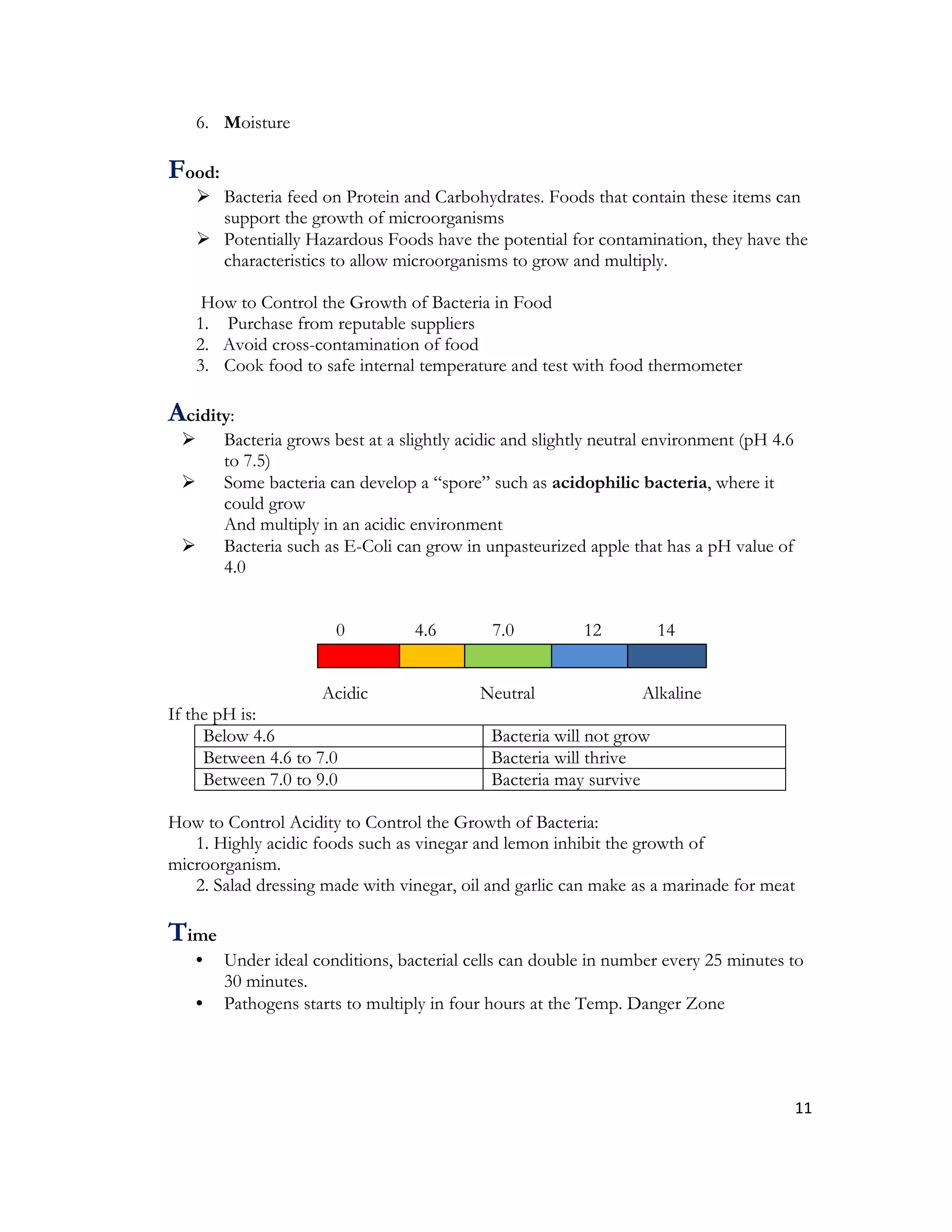 6. Moisture

Food:
    Bacteria feed on Protein and Carbohydrates. Foods that contain these items can
     support the growth of microorganisms
    Potentially Hazardous Foods have the potential for contamination, they have the
     characteristics to allow microorganisms to grow and multiply.

    How to Control the Growth of Bacteria in Food
   1. Purchase from reputable suppliers
   2. Avoid cross-contamination of food
   3. Cook food to safe internal temperature and test with food thermometer

Acidity:
       Bacteria grows best at a slightly acidic and slightly neutral environment (pH 4.6
        to 7.5)
       Some bacteria can develop a “spore” such as acidophilic bacteria, where it
        could grow
        And multiply in an acidic environment
       Bacteria such as E-Coli can grow in unpasteurized apple that has a pH value of
        4.0


                       0           4.6        7.0          12          14


                     Acidic                 Neutral                Alkaline
If the pH is:
     Below 4.6                                Bacteria will not grow
     Between 4.6 to 7.0                       Bacteria will thrive
     Between 7.0 to 9.0                       Bacteria may survive

How to Control Acidity to Control the Growth of Bacteria:
   1. Highly acidic foods such as vinegar and lemon inhibit the growth of
microorganism.
   2. Salad dressing made with vinegar, oil and garlic can make as a marinade for meat

Time
   •    Under ideal conditions, bacterial cells can double in number every 25 minutes to
        30 minutes.
   •    Pathogens starts to multiply in four hours at the Temp. Danger Zone




                                                                                            11
 