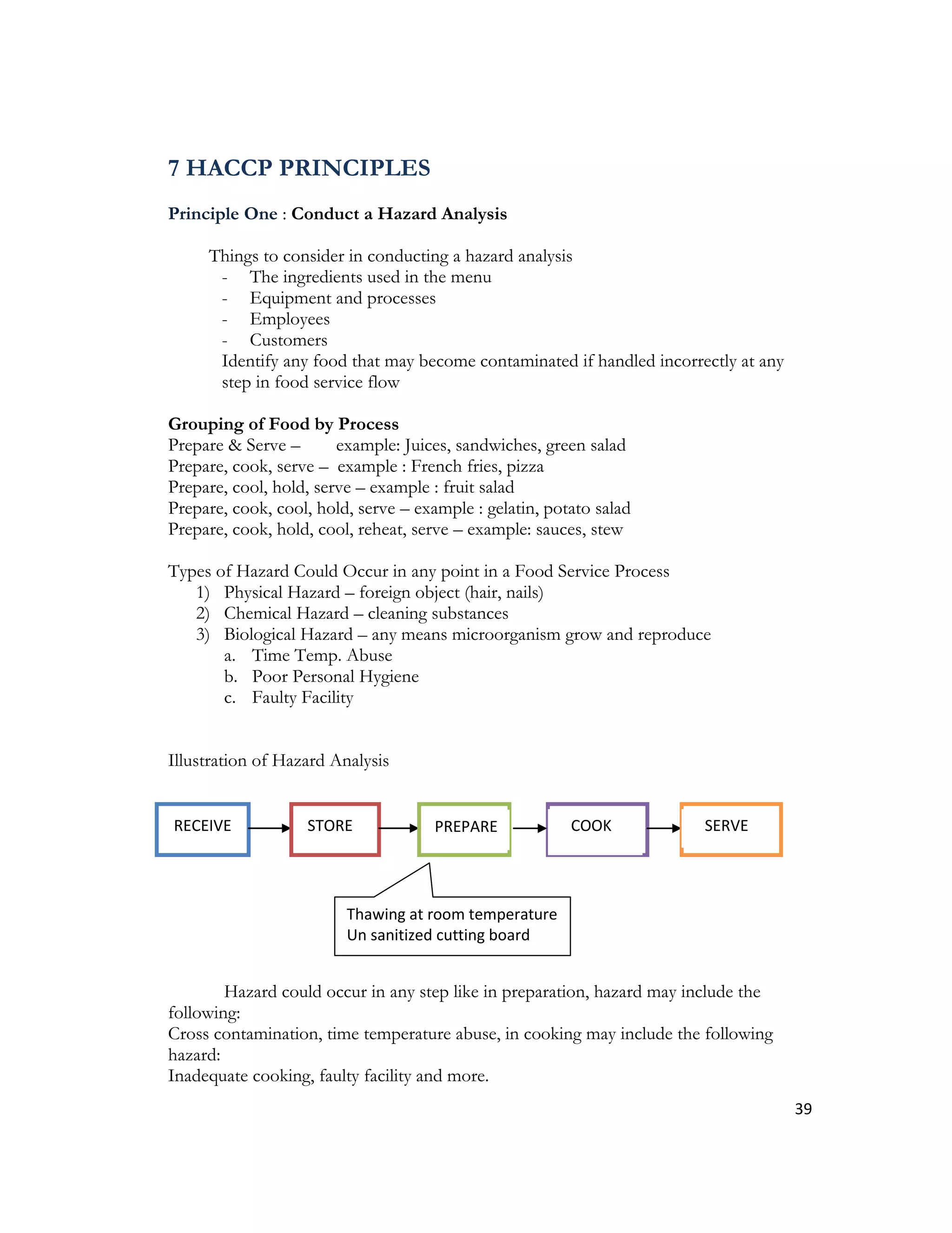 7 HACCP PRINCIPLES
Principle One : Conduct a Hazard Analysis

     Things to consider in conducting a hazard analysis
      - The ingredients used in the menu
      - Equipment and processes
      - Employees
      - Customers
      Identify any food that may become contaminated if handled incorrectly at any
      step in food service flow

Grouping of Food by Process
Prepare & Serve –       example: Juices, sandwiches, green salad
Prepare, cook, serve – example : French fries, pizza
Prepare, cool, hold, serve – example : fruit salad
Prepare, cook, cool, hold, serve – example : gelatin, potato salad
Prepare, cook, hold, cool, reheat, serve – example: sauces, stew

Types of Hazard Could Occur in any point in a Food Service Process
   1) Physical Hazard – foreign object (hair, nails)
   2) Chemical Hazard – cleaning substances
   3) Biological Hazard – any means microorganism grow and reproduce
       a. Time Temp. Abuse
       b. Poor Personal Hygiene
       c. Faulty Facility


Illustration of Hazard Analysis


R
RECEIVE            STORE              PREPARE            COOK           SERVE




                         Thawing at room temperature
                         Un sanitized cutting board


        Hazard could occur in any step like in preparation, hazard may include the
following:
Cross contamination, time temperature abuse, in cooking may include the following
hazard:
Inadequate cooking, faulty facility and more.
                                                                                     39
 