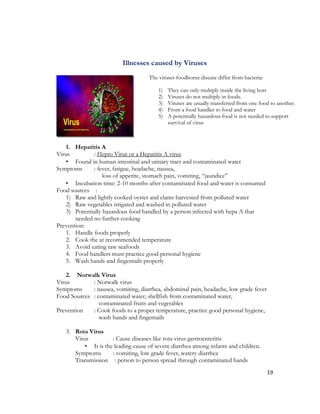 Illnesses caused by Viruses
                                    The viruses foodborne disease differ from bacteria:

                                        1)   They can only multiply inside the living host
                                        2)   Viruses do not multiply in foods.
                                        3)   Viruses are usually transferred from one food to another.
                                        4)   From a food handler to food and water
                                        5)   A potentially hazardous food is not needed to support
                                             survival of virus



    1. Hepatitis A
Virus         : Hepto Virus or a Hepatitis A virus
    • Found in human intestinal and urinary tract and contaminated water
Symptoms      : fever, fatigue, headache, nausea,
                   loss of appetite, stomach pain, vomiting, “jaundice”
    • Incubation time: 2-10 months after contaminated food and water is consumed
Food sources :
    1) Raw and lightly cooked oyster and clams harvested from polluted water
    2) Raw vegetables irrigated and washed in polluted water
    3) Potentially hazardous food handled by a person infected with hepa A that
       needed no further cooking
Prevention:
    1. Handle foods properly
    2. Cook the at recommended temperature
    3. Avoid eating raw seafoods
    4. Food handlers must practice good personal hygiene
    5. Wash hands and fingernails properly

    2. Norwalk Virus
Virus        : Norwalk virus
Symptoms     : nausea, vomiting, diarrhea, abdominal pain, headache, low grade fever
Food Sources : contaminated water, shellfish from contaminated water,
                contaminated fruits and vegetables
Prevention   : Cook foods to a proper temperature, practice good personal hygiene,
                wash hands and fingernails

   3. Rota Virus
      Virus          : Cause diseases like rota virus gastroenteritis
          • It is the leading cause of severe diarrhea among infants and children.
      Symptoms       : vomiting, low grade fever, watery diarrhea
      Transmission : person to person spread through contaminated hands
                                                                                          19
 