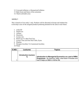 12. Cost push inflatiom vs Demand pull inflation
   13. Baby boom and future of the economies
   14. Third world debt crisis


Activity 1

This is based on Case study 1 only, Products will be allocated in Groups and students has
to develop a case on the assigned products predicting demand for the same in near future.


   1. crude Oil
   2. Small Cars
   3. Airlines
   4. Electricity
   5. Luxury cars
   6. Petrol cars Vs other Fuel Cars
   7. Leisure Time activities like Clubs, Gyms
   8. Watches
   9. Designer Jewellery Vs Customized Jewellery
   10. Water

S.NO.             Lectures                                          Topics

             Introduction (Lecture
                       1)               Introduction to Managerial Economics as a part of MBA
                                        Programme - Its meaning, Utility, what does it includes and
       1                                how it helps an MBA in his/her life
 