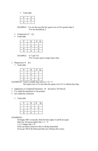 • Truth table
P  P
1 0
0 1
EXAMPLE: It is not the case that the square root of 10 is greater than 4.
10 is not divisible by 2.
2. Conjunction ( P ∧ Q )
• Truth table
P Q P ∧ Q
1 1 1
1 0 0
0 1 0
0 0 0
EXAMPLE: 6<7 and 7<8.
2*4=16 and a quart is larger than a liter.
3. Disjunction ( P ∨ Q )
• Truth table
P Q P ∨ Q
1 1 1
1 0 1
0 1 1
0 0 0
EXAMPLES: Venus is smaller than earth or 1+4 = 5.
The square root of 2 is less than the square root of 3 or chicken have lips.
4. Implication or Conditional Statement (P⇒Q) read as: If P then Q
• P is called the hypothesis or the premise
• Q is called the conclusion
• Truth table
P Q P ⇒ Q
1 1 1
1 0 0
0 1 1
0 0 1
EXAMPLES:
If triangle ABC is isosceles, then the base angles A and B are equal.
Mars has 10 moons implies that 1+1 = 2.
1+2=3 implies that 1<0.
If the sun shines tomorrow then I will play basketball.
If you get 100 in the final exam then you will pass this course.
 