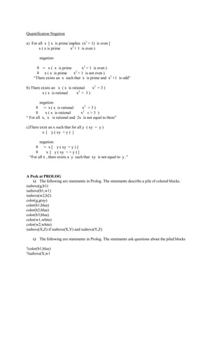 Quantification Negation
a) For all x [ x is prime implies (x2
+ 1) is even ]
∀x ( x is prime ⇒ x2
+ 1 is even )
negation:
≡ ¬∀x ( x is prime ⇒ x2
+ 1 is even )
≡ ∃x ( x is prime ∧ x2
+ 1 is not even )
“There exists an x such that x is prime and x2
+1 is odd”
b) There exists an x ( x is rational ∧ x2
= 3 )
∃x ( x is rational ∧ x2
= 3 )
negation:
≡ ¬∃x ( x is rational ∧ x2
= 3 )
≡ ∀x ( x is rational ⇒ x2
< > 3 )
“ For all x, x is rational and 2x is not equal to three”
c)There exist an x such that for all y ( xy = y )
∃x [ ∀y ( xy = y ) ]
negation:
≡ ¬∃x [ ∀y ( xy = y ) ]
≡ ∀x [ ∃y ( xy < > y ) ]
“For all x , there exists a y such that xy is not equal to y .”
A Peek at PROLOG
ü The following are statements in Prolog. The statements describe a pile of colored blocks.
isabove(g,b1)
isabove(b1,w1)
isabove(w2,b2)
color(g,gray)
color(b1,blue)
color(b2,blue)
color(b3,blue)
color(w1,white)
color(w2,white)
isabove(X,Z) if isabove(X,Y) and isabove(Y,Z)
ü The following are statements in Prolog. The statements ask questions about the piled blocks
?color(b1,blue)
?isabove(X,w1
 