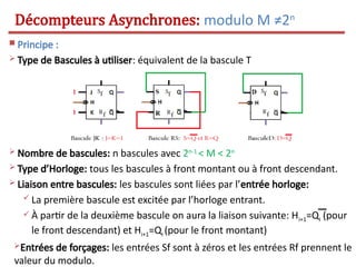  Principe :
 Type de Bascules à utiliser: équivalent de la bascule T
 Nombre de bascules: n bascules avec 2n-1
< M < 2n
 Type d’Horloge: tous les bascules à front montant ou à front descendant.
 Liaison entre bascules: les bascules sont liées par l’entrée horloge:
 La première bascule est excitée par l’horloge entrant.
 À partir de la deuxième bascule on aura la liaison suivante: Hi+1=Qi (pour
le front descendant) et Hi+1=Qi (pour le front montant)
Entrées de forçages: les entrées Sf sont à zéros et les entrées Rf prennent le
valeur du modulo.
Décompteurs Asynchrones: modulo M ≠2n
 