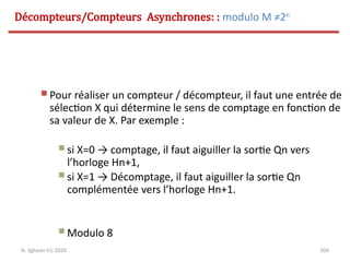 204
 Pour réaliser un compteur / décompteur, il faut une entrée de
sélection X qui détermine le sens de comptage en fonction de
sa valeur de X. Par exemple :
 si X=0 → comptage, il faut aiguiller la sortie Qn vers
l’horloge Hn+1,
 si X=1 → Décomptage, il faut aiguiller la sortie Qn
complémentée vers l’horloge Hn+1.
 Modulo 8
Décompteurs/Compteurs Asynchrones: : modulo M ≠2n
N. Sghaier-II1-2020
 