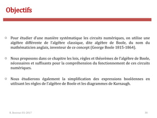 R. Besrour-II1-2017 30
Objectifs
o Pour étudier d’une manière systématique les circuits numériques, on utilise une
algèbre différente de l’algèbre classique, dite algèbre de Boole, du nom du
mathématicien anglais, inventeur de ce concept (George Boole 1815-1864).
o Nous proposons dans ce chapitre les lois, règles et théorèmes de l’algèbre de Boole,
nécessaires et suffisants pour la compréhension du fonctionnement de ces circuits
numériques.
o Nous étudierons également la simplification des expressions booléennes en
utilisant les règles de l’algèbre de Boole et les diagrammes de Karnaugh.
 