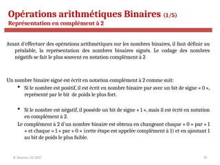 R. Besrour-II1-2017 19
Opérations arithmétiques Binaires (1/5)
Représentation en complément à 2
Avant d’effectuer des opérations arithmétiques sur les nombres binaires, il faut définir au
préalable, la représentation des nombres binaires signés. Le codage des nombres
négatifs se fait le plus souvent en notation complément à 2
Un nombre binaire signé est écrit en notation complément à 2 comme suit:
 Si le nombre est positif, il est écrit en nombre binaire pur avec un bit de signe « 0 »,
représenté par le bit de poids le plus fort.
 Si le nombre est négatif, il possède un bit de signe « 1 », mais il est écrit en notation
en complément à 2.
Le complément à 2 d'un nombre binaire est obtenu en changeant chaque « 0 » par « 1
» et chaque « 1 » par « 0 » (cette étape est appelée complément à 1) et en ajoutant 1
au bit de poids le plus faible.
 