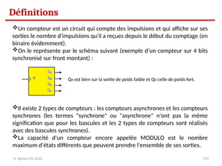 193
Un compteur est un circuit qui compte des impulsions et qui affiche sur ses
sorties le nombre d'impulsions qu'il a reçues depuis le début du comptage (en
binaire évidemment).
On le représente par le schéma suivant (exemple d’un compteur sur 4 bits
synchronisé sur front montant) :
QA est bien sur la sortie de poids faible et QD celle de poids fort.
Il existe 2 types de compteurs : les compteurs asynchrones et les compteurs
synchrones (les termes "synchrone" ou "asynchrone" n'ont pas la même
signification que pour les bascules et les 2 types de compteurs sont réalisés
avec des bascules synchrones).
La capacité d'un compteur encore appelée MODULO est le nombre
maximum d'états différents que peuvent prendre l'ensemble de ses sorties.
Définitions
N. Sghaier-II1-2020
 