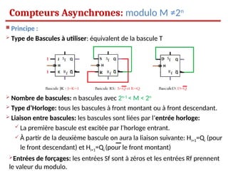  Principe :
 Type de Bascules à utiliser: équivalent de la bascule T
 Nombre de bascules: n bascules avec 2n-1
< M < 2n
 Type d’Horloge: tous les bascules à front montant ou à front descendant.
 Liaison entre bascules: les bascules sont liées par l’entrée horloge:
 La première bascule est excitée par l’horloge entrant.
 À partir de la deuxième bascule on aura la liaison suivante: Hi+1=Qi (pour
le front descendant) et Hi+1=Qi (pour le front montant)
Entrées de forçages: les entrées Sf sont à zéros et les entrées Rf prennent
le valeur du modulo.
Compteurs Asynchrones: modulo M ≠2n
 