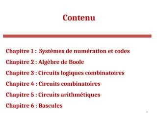 2
Contenu
Chapitre 1 : Systèmes de numération et codes
Chapitre 2 : Algèbre de Boole
Chapitre 3 : Circuits logiques combinatoires
Chapitre 4 : Circuits combinatoires
Chapitre 5 : Circuits arithmétiques
Chapitre 6 : Bascules
 